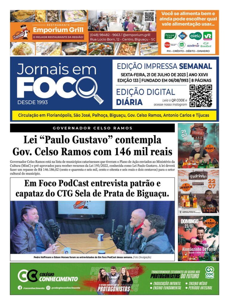 Lei “Paulo Gustavo” contempla Gov. Celso Ramos com 146 mil reais