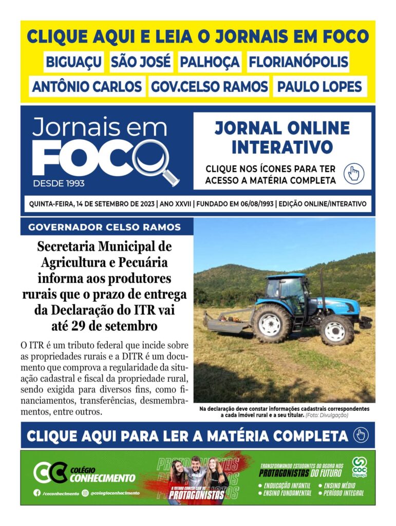 Secretaria Municipal de Agricultura e Pecuária informa aos produtores rurais que o prazo de entrega da Declaração do ITR vai até 29 de setembro